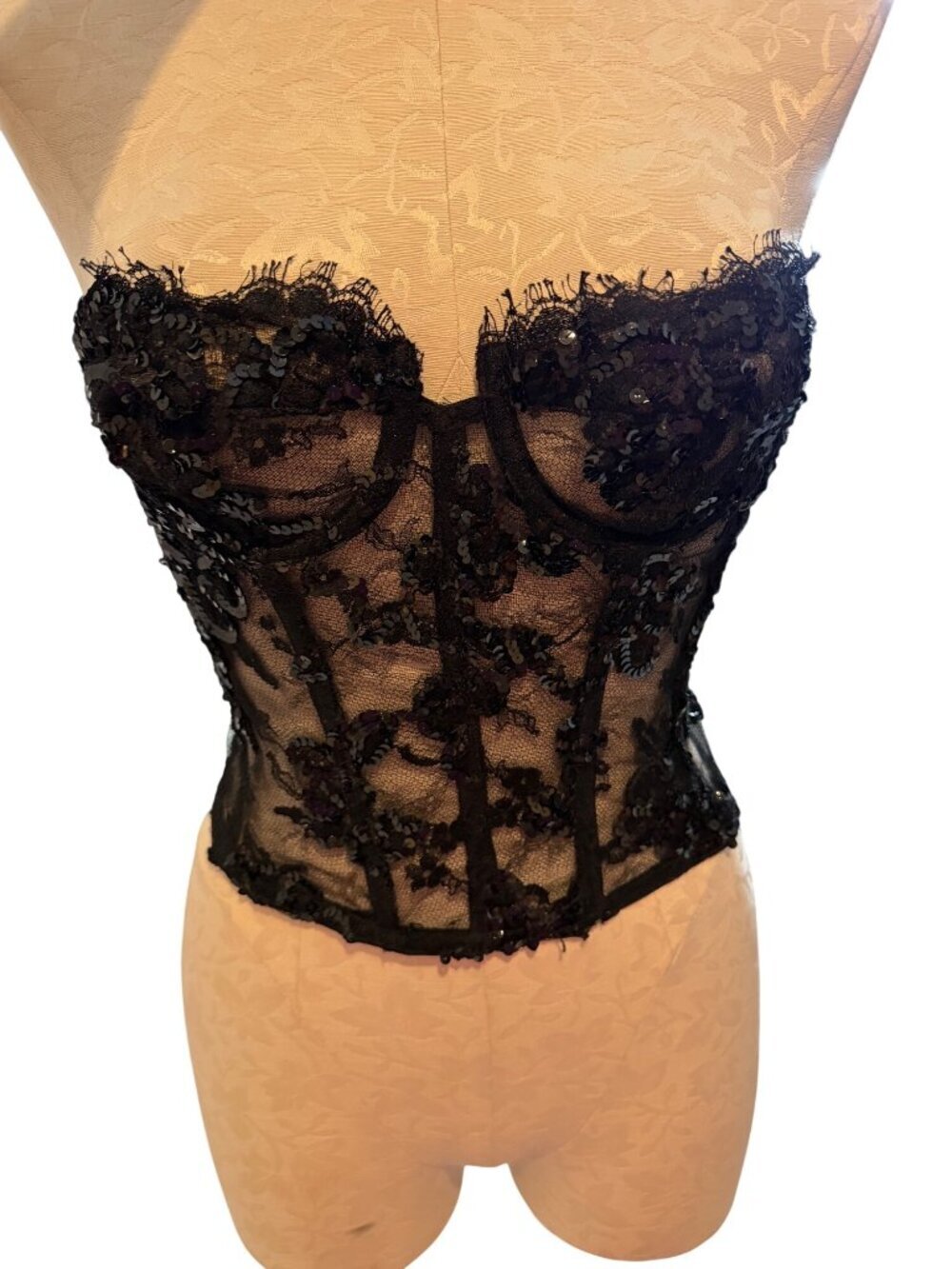 Victoria's Secret Womens Gold Lace Bustier Corset Top Size 34 Black Rare Vintage